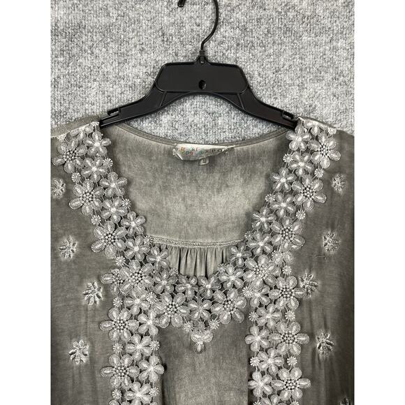 POL Embroidered Lace Trim Blouse Oversize Long-Sleeve lace Cuffs Charol Gray L - Picture 2 of 13